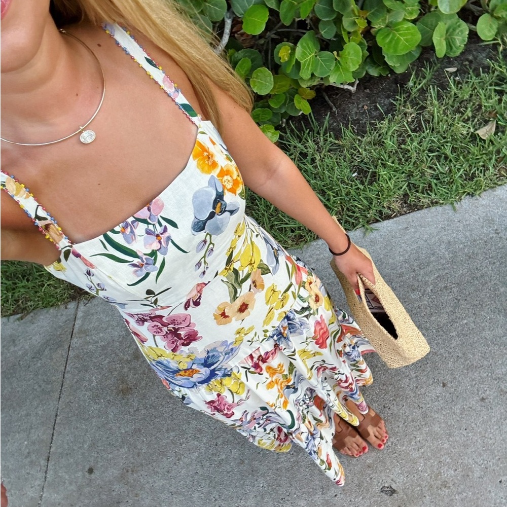 Farm Rio Floral Linen-Blend Midi Dress
